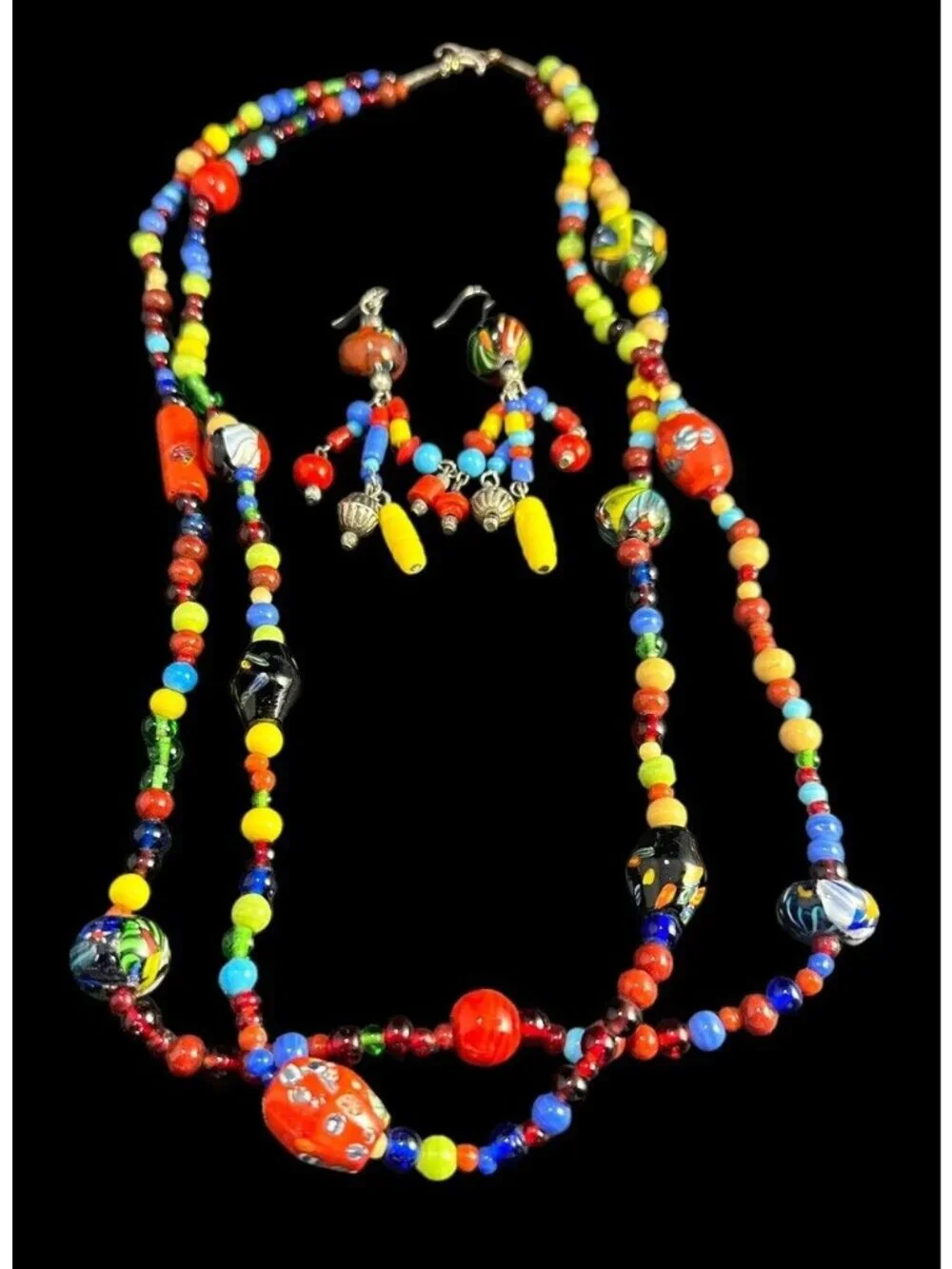 Jewelry Set Millefiori Two Strand Murano Art Glass Beaded Necklace And Earrings